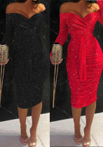 Women Solid Shiny Off Shoulder Bodycon Dress