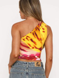 Women summer print Patchwork sexy Slash Shoulder sleeveless pleated top