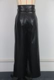 Women Belt Zipper Casual pu Leather Pants