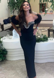 Women jacquard backless wrapped chest v-neck Beaded Maxi dress