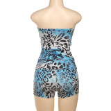 Women Summer Trend Strapless Print Top and Shorts Two Piece Set