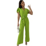 Women V-Neck Ruffle Sleeve Lace-Up Casual Wide Leg Jumpsuit