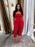 Women Summer Strapless Halter Neck Top and Solid Pants Two Piece Set
