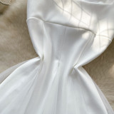 Women's Summer Square Neck Strap Mesh Patchwork Puffy Long Dress