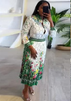 Fashion Women's Contrast Color Print Long Sleeved Shirt High Waist Pleated Skirt Two Piece Set Fashion Women's Contrast Color Print Long Sleeved Shirt High Waist Pleated Skirt Two Piece Set