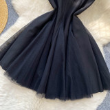 Women's Summer Square Neck Strap Mesh Patchwork Puffy Long Dress