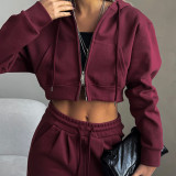 Autumn Women's Casual Solid Color Short Open Waist Hooded Top Drawstring Sweatpants Two Piece Set