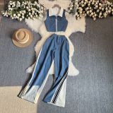 Summer Fashion Sleeveless Short Denim Patchwork Top Wide Leg Trousers Contrast Color Two piece Set for Women