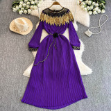 Luxury Sequin Cape Patch Slim Waist Pleated Loose Long Dress