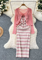 Tie Up Cardigan Low Back Strap Slim Fit Chic Stripes Knitting Dress
