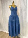 Women's Summer Sexy Fashion V neck Strap Low Back Lace Up Denim Long Dress