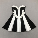 Women Strapless Sleeveless Jacquard Black and White Patchwork Dress