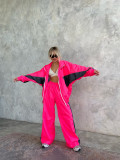 Women's Casual Fashion Loose Color Matching Long Sleeve Zipper Contrast Top and Trousers Sports Two Piece Set