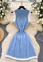 Women's Summer Sleeveless Knitting Slim Waist Contrast Color Pleated Dress Women's Summer Sleeveless Knitting Slim Waist Contrast Color Pleated Dress