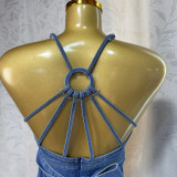 Women's Summer Sexy Fashion V neck Strap Low Back Lace Up Denim Long Dress