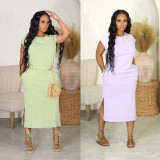 Fashionable Casual Solid Color Slit Dress with Pockets