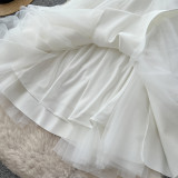 Women's Summer Square Neck Strap Mesh Patchwork Puffy Long Dress