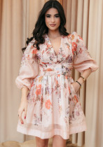 V neck Floral Print High Waist Pleated Holidays Short Dress for Women V neck Floral Print High Waist Pleated Holidays Short Dress for Women