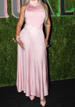 Pink Long Ball Gown Satin Halter Neck Low Back Evening Dress