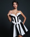 Women Strapless Sleeveless Jacquard Black and White Patchwork Dress