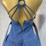 Women's Summer Sexy Fashion V neck Strap Low Back Lace Up Denim Long Dress