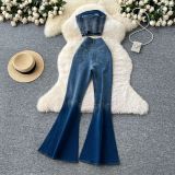 Fashion Beaded Denim summer Strapless Vest High Waist Denim Bell Bottom Trousers Two Piece Set for Women