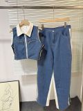 Summer Fashion Sleeveless Short Denim Patchwork Top Wide Leg Trousers Contrast Color Two piece Set for Women