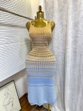 Women's Summer Strap Knitting Gradient Color Slim Bodycon Long Dress