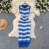 Summer Slim Round Neck Sleeveless Color Matching Striped Knitting Bodycon Tassel Dress