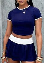 Women's Sports Color Block Round Neck Short Sleeve Sexy Slim T shirt Skirt Two Piece Set Women's Sports Color Block Round Neck Short Sleeve Sexy Slim T shirt Skirt Two Piece Set