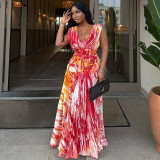 Spring Casual Women's Pleated Fashion Print V neck Slim Waist Loose Long Dress