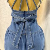 Women's Summer Sexy Fashion V neck Strap Low Back Lace Up Denim Long Dress
