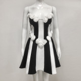 Women Strapless Sleeveless Jacquard Black and White Patchwork Dress
