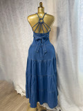 Women's Summer Sexy Fashion V neck Strap Low Back Lace Up Denim Long Dress