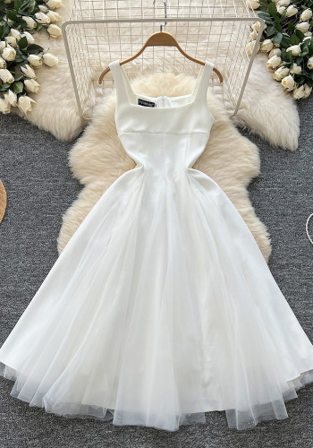 Women's Summer Square Neck Strap Mesh Patchwork Puffy Long Dress