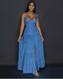 Women's Summer Sexy Fashion V neck Strap Low Back Lace Up Denim Long Dress
