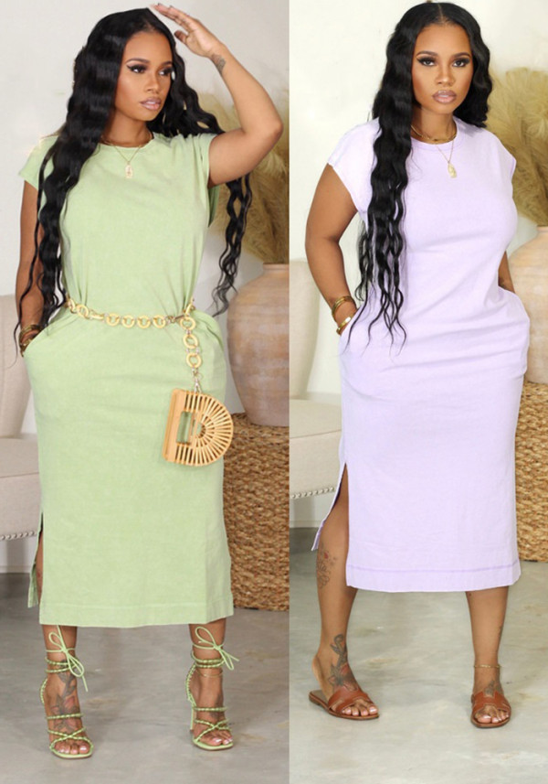 Fashionable Casual Solid Color Slit Dress with Pockets