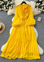 Elegant Women's Luxury Beaded Flower Belt Slim Waist Pleated Long Dress