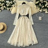Elegant Women's Lace Patchwork Mesh Irregular Midi Dress