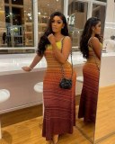Women's Summer Strap Knitting Gradient Color Slim Bodycon Long Dress