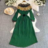 Luxury Sequin Cape Patch Slim Waist Pleated Loose Long Dress