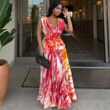 Spring Casual Women's Pleated Fashion Print V neck Slim Waist Loose Long Dress