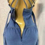 Women's Summer Sexy Fashion V neck Strap Low Back Lace Up Denim Long Dress