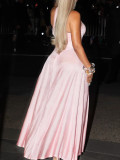 Pink Long Ball Gown Satin Halter Neck Low Back Evening Dress