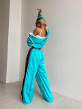 Women's Casual Fashion Loose Color Matching Long Sleeve Zipper Contrast Top and Trousers Sports Two Piece Set