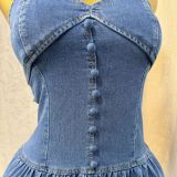 Women's Summer Sexy Fashion V neck Strap Low Back Lace Up Denim Long Dress
