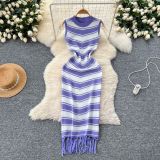 Summer Slim Round Neck Sleeveless Color Matching Striped Knitting Bodycon Tassel Dress