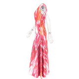 Spring Casual Women's Pleated Fashion Print V neck Slim Waist Loose Long Dress