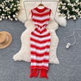 Summer Slim Round Neck Sleeveless Color Matching Striped Knitting Bodycon Tassel Dress