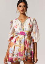Spring Summer V neck Print Beaded Slim Waist A-line Holidays Dress Spring Summer V neck Print Beaded Slim Waist A-line Holidays Dress